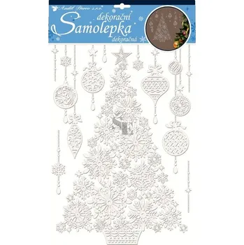 Vánoční dekorace Okenní fólie bez lepidla vánoční 10600 bílé s glitry 50x30 cm stromeček, ozdoby , Anděl Přerov