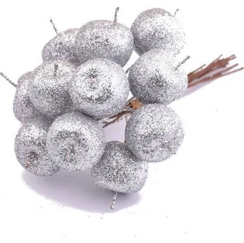 umělá květina Canea Jablíčka na drátku s glitry 12ks- stříbrná
