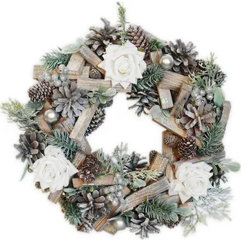 Vánoční dekorace Věnec šišky/růže pr.28cm natural/bílá (545777)