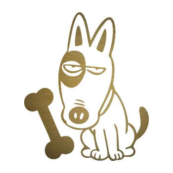 Polep vozidla SAMOLEPKA Pes 179 levá s kostičkou (64 - škrábaný kov zlatý) NA AUTO, NÁLEPKA, FÓLIE, POLEP, TUNING, VLASTNÍ TEXT, TISK, AUTOSAMOLEPKY.cz, POLEPY, OBRÁZEK, LOGO, SAMOLEPKY