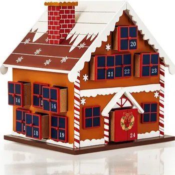 Vánoční dekorace Dřevěný adventní kalendář 29 x 21 x 32 cm zasněžená chaloupka