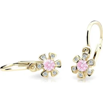 Náušnice ŠPERKY-NM, Zlaté dětské náušnice růžový kamínek 1761 Barva kamene: fialová, Barva zlata: žlutá