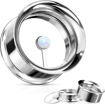 Náušnice Atreya Ocelový šroubovací tunel s odjimatelným plovoucím opálem Barva: Stříbrná / Opálově bílá, Velikost: 14 mm