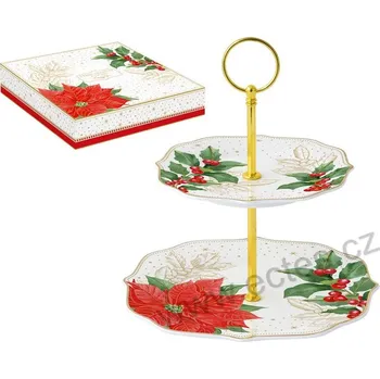 Easy Life POINSETTIA & BERRIES porcelánový etažér: 2-patrový dezertní stojan červená vánoční hvězda a cesmína s bobulemi