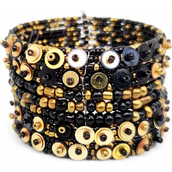Náramek Korálkový náramek s flitry černo zlatý