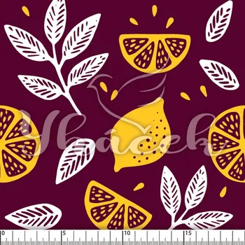 Zakázkový tisk, softshell, kočárkovina... Citróny a lístky na fialové Látky k tisku: Fleece