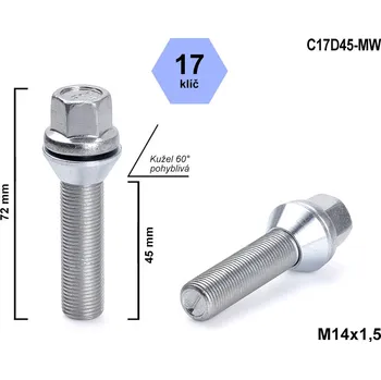 Šroubek na kolo Kolový šroub M14x1,5x45 kužel pohyblivý, klíč 17, C17D45-MW, výška 72 mm