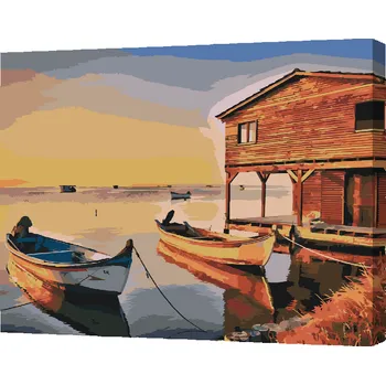 Malování podle čísel - Loďky a dřevěná chatrč Velikost: 40x50cm, Rámování: Pouze srolované plátno