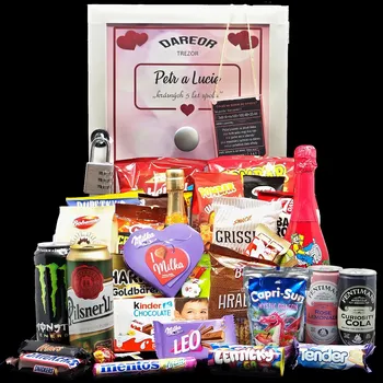 Dárkový potravinový koš TREZOR – dárková bedna s potiskem mini MIX (vlastní výběr)