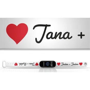 Příslušenství k fitness náramku Mi-band.cz Náhradní náramek Mi band 3/4/5/6/7 na přání Srdce + Dvě jména + Srdce Barva: Vícebarevná, Pro Přístroj: Xiaomi Mi band 5/6/7