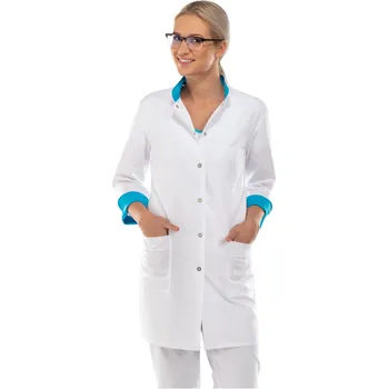 Zdravotnický plášť IREA Plášť ZDEŇKA fresh Obvod hrudi: 46 | 98-102 cm, Barva: Bílá s tyrkysovým doplňkem | na zakázku