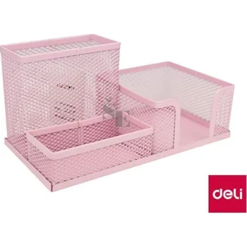 Drátěný program stojánek 3 přihrádky na tužky, sponky, bločky BTS DELI E9154 růžový pastelový