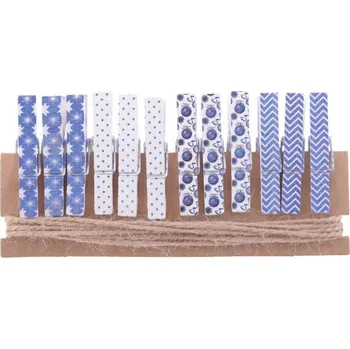 Kolíčky se šňůrkou 4,5cm bílé s modrým potiskem