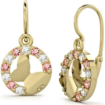 Náušnice Dětské náušnice ze žlutého zlata - motýlci s růžovými a čirými zirkony