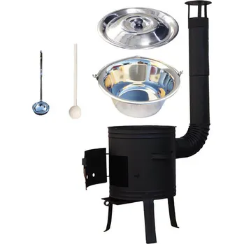 Kempingové nádobí Nerezový kotlík 10 L (1,2 mm) + nízká žáruvzdorná kotlina 33 PLUS 700 + poklice, vařečka a naběračka