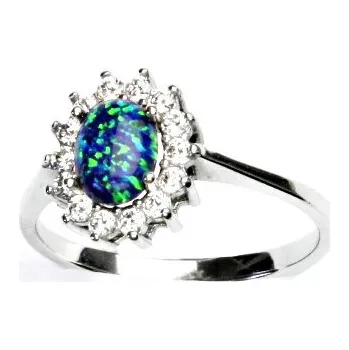 Prsten Zlatý prsten, bílé zlato,Kate, syntetický zelený opál,čiré zirkony, T 1507