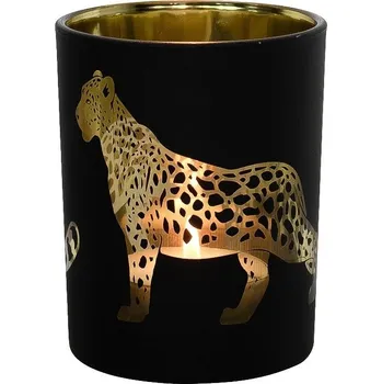 Svícen Černo zlatý skleněný svícen s jaguárem L - 10*10*12cm