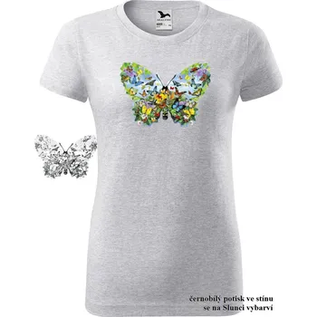 Dámské tričko damske-tricko-potisk-motylu-menici-barvu Velikost dámská trička Basic: XXL šířka 59, délka 69, Odstín dámské tričko Basic: Světle šedý melír