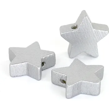 Dětské navlékací korálky Korálek dřevěný hvězda - 19mm - stříbrná