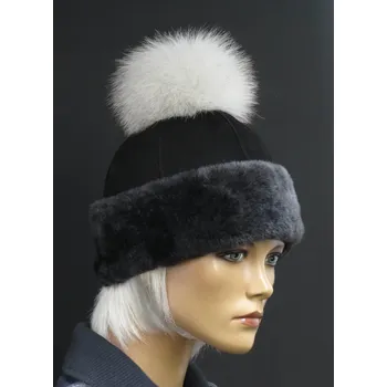 Čepice Splus Dámská kožešinová čepice s bambulí z mývalovce - 4717 černá s melírovaným vlasem kožešiny Velikost: 59 cm