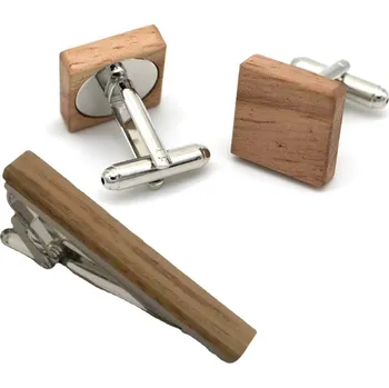 Manžetový knoflíček Pánský set ze dřeva manžetové knoflíčky čtvercové a spona na kravatu Dub
