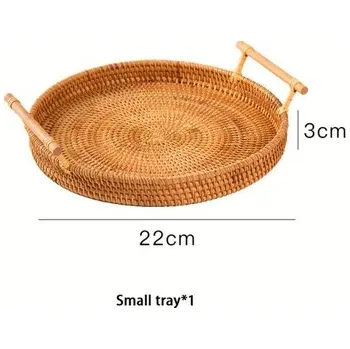 Kulatý servírovací ratanový podnos s dřevěnou rukojetí Rozměr: průměr 22 cm