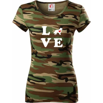 Dámské tričko Bernský salašnický pes love - Dámské maskáčové triko - S ( Hnědý maskáč )