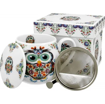 Stolování DUO Gifts DG - Porcelánový hrnek barylka s víčkem a kov. sítkem SOVA v dárkové krabičce - 430 ml