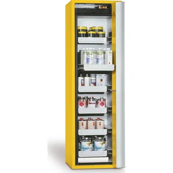 Protipožární skříň asecos Edition GF 601, 6 výsuvné vany, dveře pravé, žlutá, One-Touch