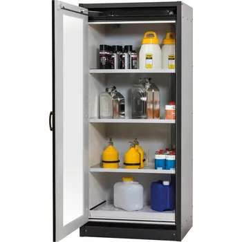 Protipožární skříň na nebezpečné látky asecos Basis-Line, typ 30-93, 3 police, šedá, prosklená