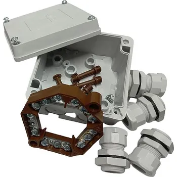Elektroinstalační krabice Krabicová rozvodka + svorka, IP65, PA, 89x89x52,5mm s věnečkem a kabelovými průchodkami (SEZ 6457-11)