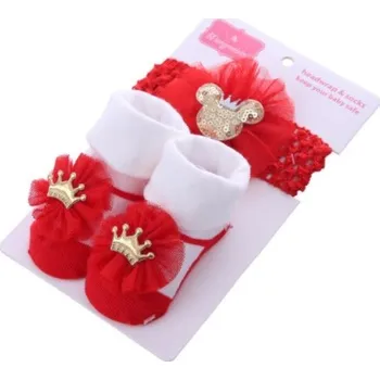 Dívčí kojenecké bavlněné protiskluzové ponožky a čelenka 0-1 rok Varianta: 3 červené s korunkou