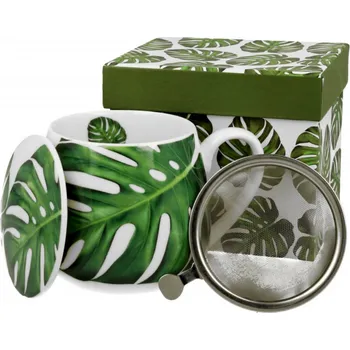 DUO Gifts DG - Porcelánový hrnek Barylka MONSTERA s víčkem a kovovým sítkem v dárkové krabičce - 430 ml