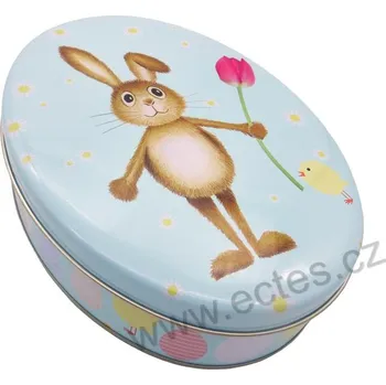 Dóza na potraviny HASI světle modrá plechová dóza 7257 zajíček s tulipánem, žluté kuřátko a sedmikrásky