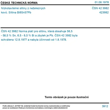 ČSN 42 3982 - Nízkotavitelné slitiny z neželezných kovů. Slitina Bi8Sn57Pb - Tisk