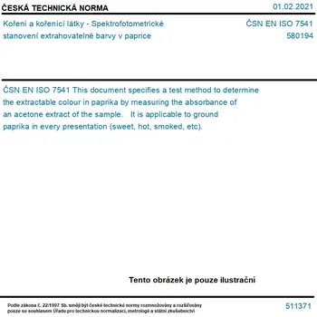 ČSN EN ISO 7541 - Koření a kořenící látky - Spektrofotometrické stanovení extrahovatelné barvy v paprice - Tisk