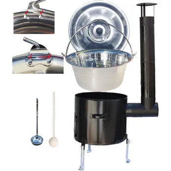 Kempingové nádobí Nerezový kotlík 15 L (0,8 mm) s nýty + smaltovaná kotlina 36 + vařečka a naběračka CLASSIC