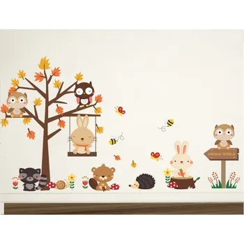Samolepící dekorace Samolepky na zdi dětské - Strom a zvířecí svět