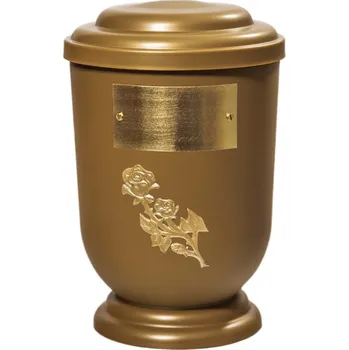 Smuteční dekorace Pohřební Plastová urna na popel, oválné oblé víčko, zlatá, štítek č. 50, 100 x 50, zlatá růže