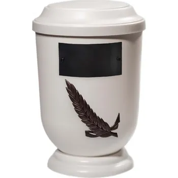 Smuteční dekorace Pohřební Plastová urna na popel, oválné prohlé víčko, bílá, štítek č. 51, 100 x 50, hnědá snítka