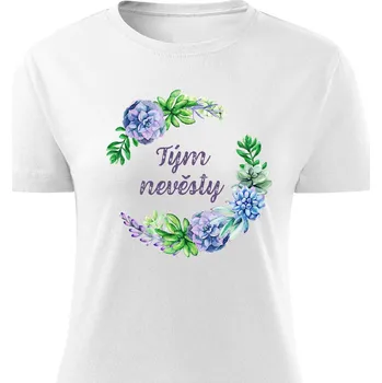 Dámské tričko Dámské tričko Tým nevěsty - květiny modré Barva: Bílá, Velikost: M