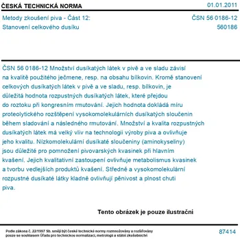 ČSN 56 0186-12 - Metody zkoušení piva - Část 12: Stanovení celkového dusíku - Tisk