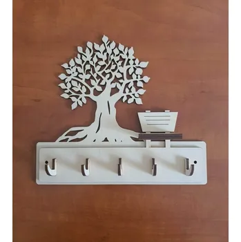 Věšák Věšák na klíče, věšák na utěrky Strom s lavičkou Kovové háčky Přírodní dřevo ( bez nátěru )
