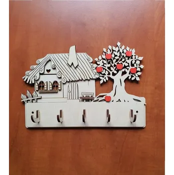 Věšák Věšák na klíče, věšák na utěrky Chaloupka se stromem a jablky Kovové háčky Přírodní dřevo ( bez nátěru )