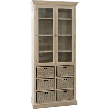 Knihovna Dřevěná skříň/vitrína s prosklenými dvířky a proutěnými košíky Jerome - 87*38*204 cm
