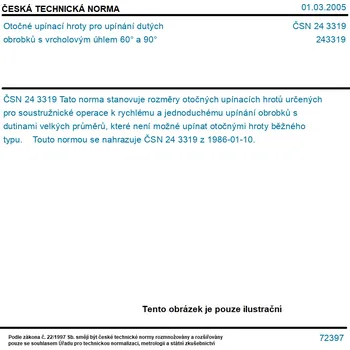 Příslušenstí k soustruhu ČSN 24 3319 - Otočné upínací hroty pro upínání dutých obrobků s vrcholovým úhlem 60° a 90° - Tisk