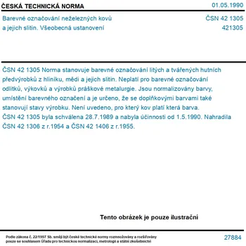 ČSN 42 1305 - Barevné označování neželezných kovů a jejich slitin. Všeobecná ustanovení - Tisk