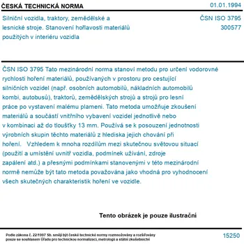 ČSN ISO 3795 - Silniční vozidla, traktory, zemědělské a lesnické stroje. Stanovení hořlavosti materiálů použitých v interiéru vozidla - Tisk