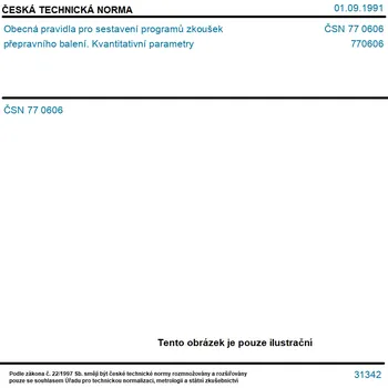 ČSN 77 0606 - Obecná pravidla pro sestavení programů zkoušek přepravního balení. Kvantitativní parametry - Tisk