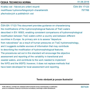 ČSN EN 17123 - Kvalita vod - Návod pro určení stupně modifikace hydromorfologických charakteristik přechodových a pobřežních vod - Tisk